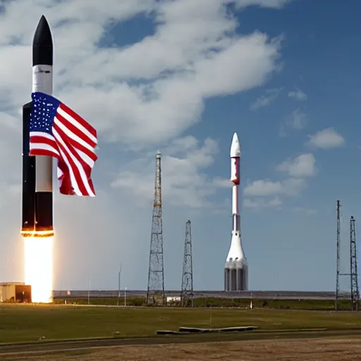 Prompt: The Space Launch System rocket in flight, eclipsed by the American Flag in the foreground, photorealistic