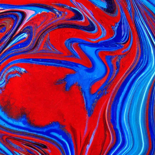 Image similar to wet paint marbling, red and blue duotone