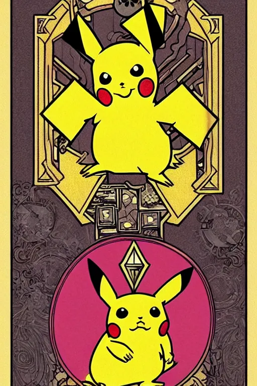 Image similar to Pikachu tarot card, art nouveau style, ornate borders, intricate details, trending on artstation