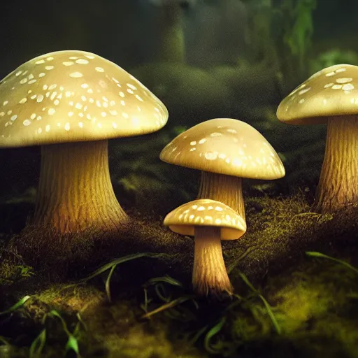 Prompt: pattern of mushrooms, beautiful light, low saturation, fantasy book, d & d, high detail, 8 k, oil painting, octane render, dark fantasy