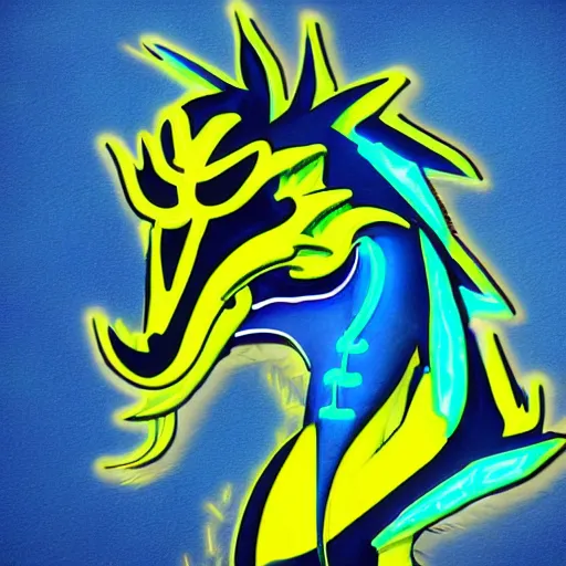 Prompt: neon blue and yellow super cool dragon