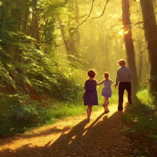 Prompt: A painting of a father and daughter walking through a beautiful forest holding hands, brunette hair, golden hour, art by Kenne Gregoire and Krenz Cushart, Norman Rockwell trending on artstation