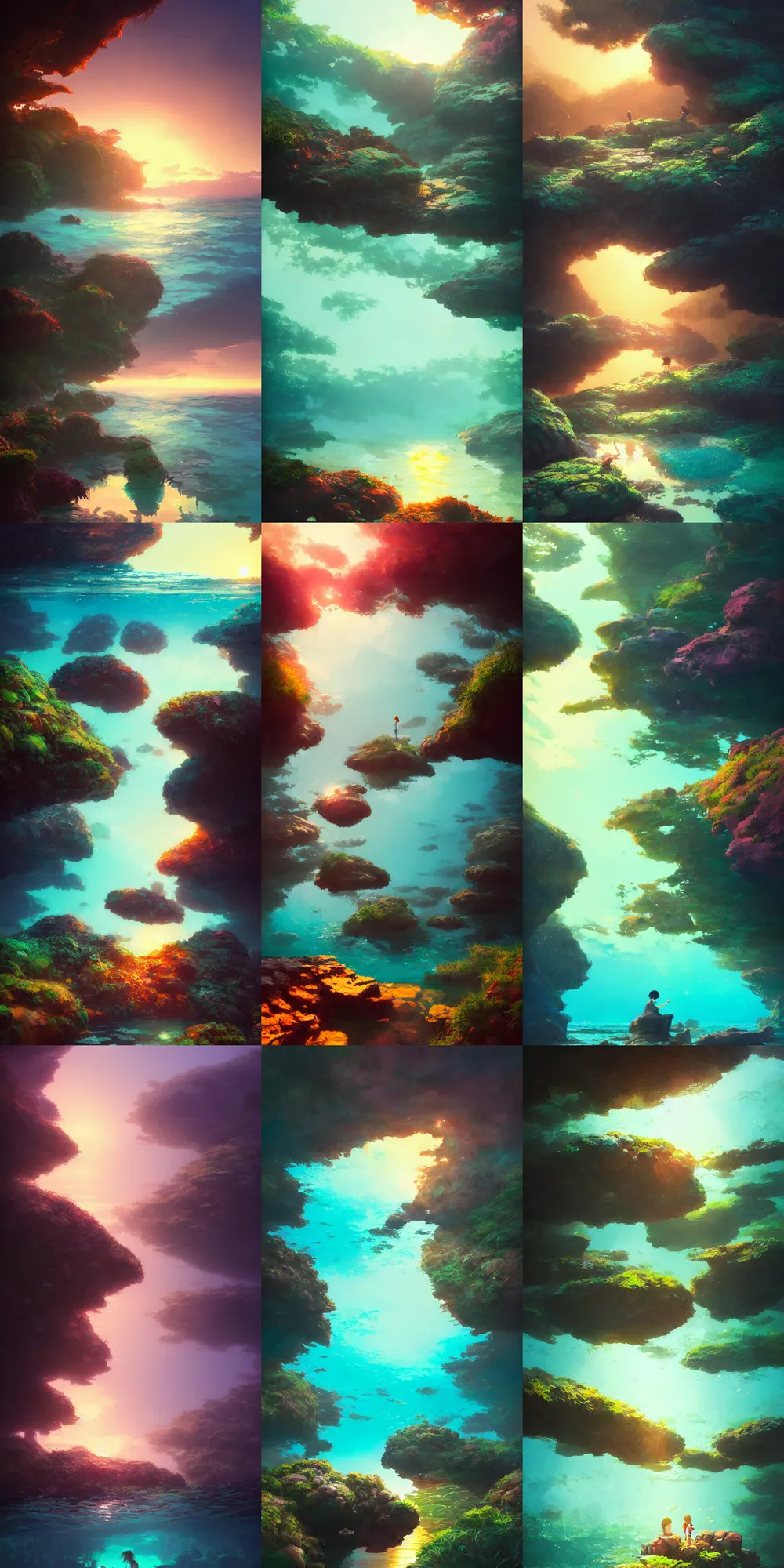 Prompt: rockpool next to ocean, lush trees, plants, rocks, stones, coral, digital art, illustration, vibrant color, sunset lighting, wenjun lin, studio ghibli, makoto shinkai, pixiv, reflections, refractions, film grain