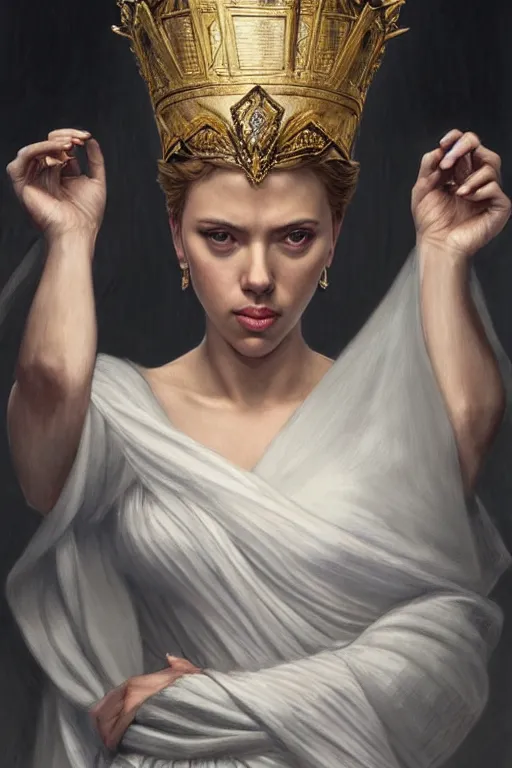 Image similar to Scarlett Johansson as the Queen of Greece, anatomy, only two hands, highly detailed, digital painting, artstation, concept art, smooth, sharp focus, illustration, Unreal Engine 5, 8K, art by art by artgerm and greg rutkowski and edgar maxence