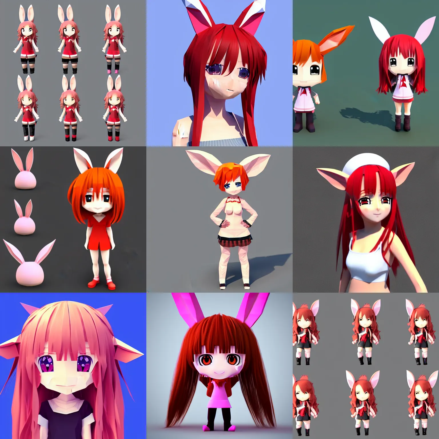 Prompt: low poly model of a 3D anime girl, long crimson hair, bunny ears, round chibi face, cowboy shot