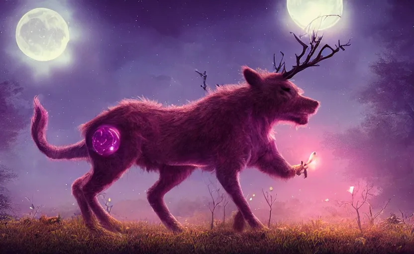 Image similar to a whimsical magical glowing creature in a night field, beautiful, cool dynamic lighting, moonlight, atmospheric, cinematic, highly detailed digital art