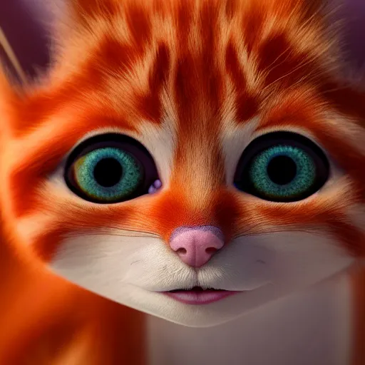 Image similar to orange kitten big eyes a lot of fur cute highly detailed high - quality photo realistic 8 k octane render blender