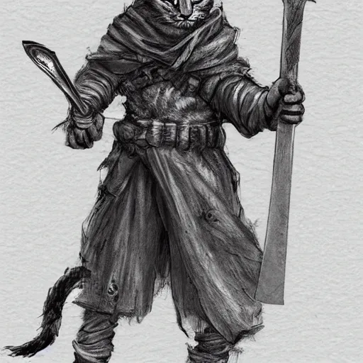 Image similar to humanoid homeless cat wielding a sword and wearing rags, d & d, fantasy, concept art