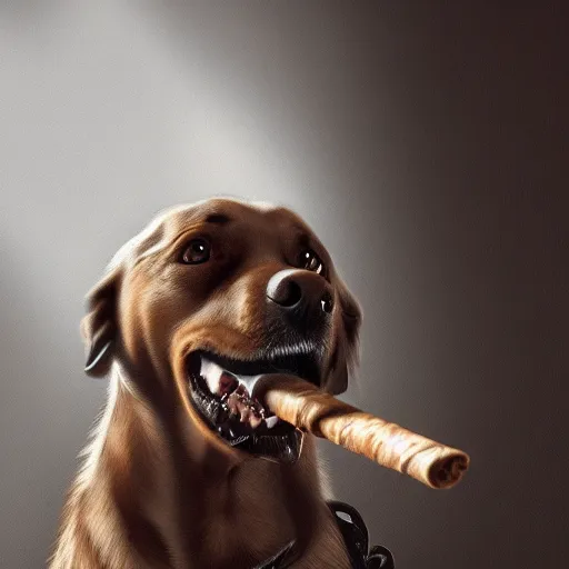 Image similar to a dog wearing smoking a cigar, dramatic lighting, cinematic, establishing shot, extremly high detail, photorealistic, cinematic lighting, concept art, artstation, style by greg rutkowsky