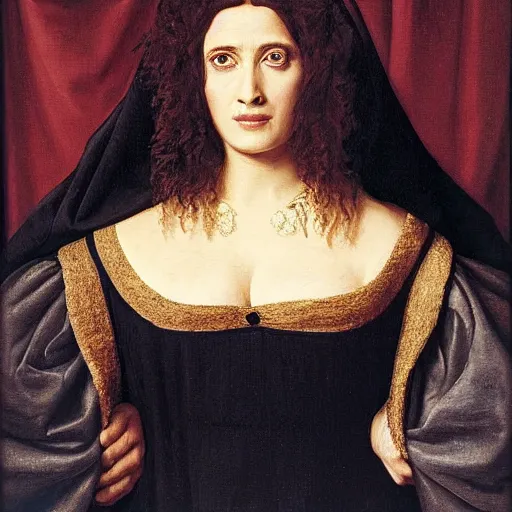 Prompt: a portrait of salma hayek by jan van eyck