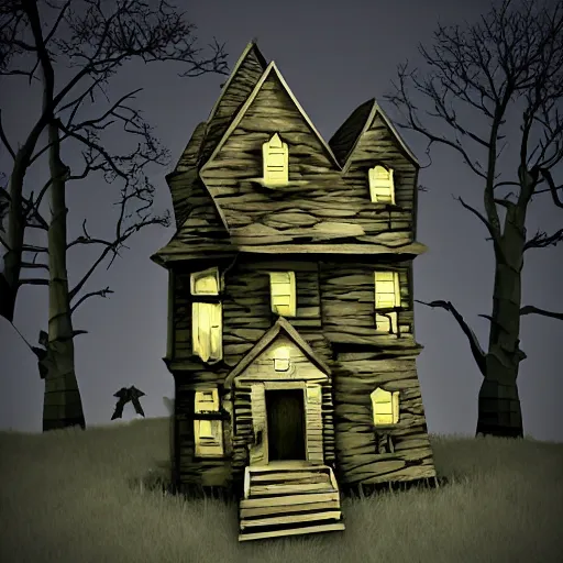 Prompt: The Haunted House on the Hill by Ed Binkley, low poly style.