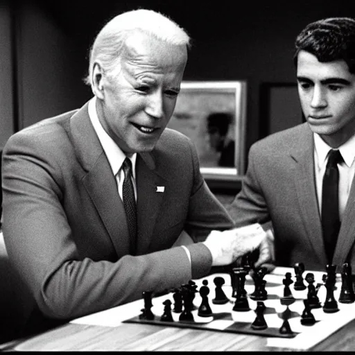 Prompt: joe biden playing chess against a clone of himself joe biden, black and white film, joe biden in the seventh seal