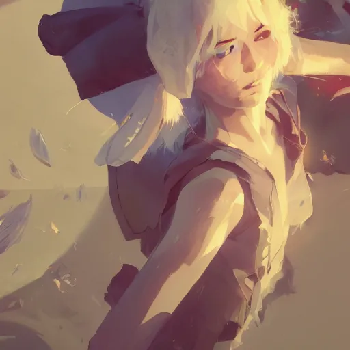 Prompt: white - haired young girl in front of a fan cooling off from a hot day by dustin nguyen, akihiko yoshida, greg tocchini, greg rutkowski, cliff chiang, 4 k resolution, trending on artstation