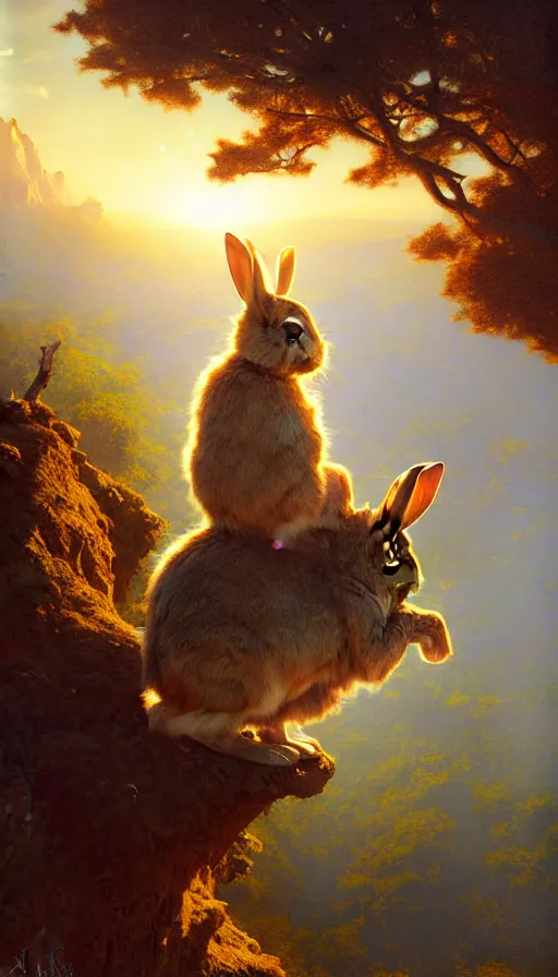 Image similar to rabbit looking off of a cliff, sun setting behind rabbit, lush forest in valley below, painted by tom bagshaw, james gurney, gaston bussiere, craig mullins, j. c. leyendecker 8 k