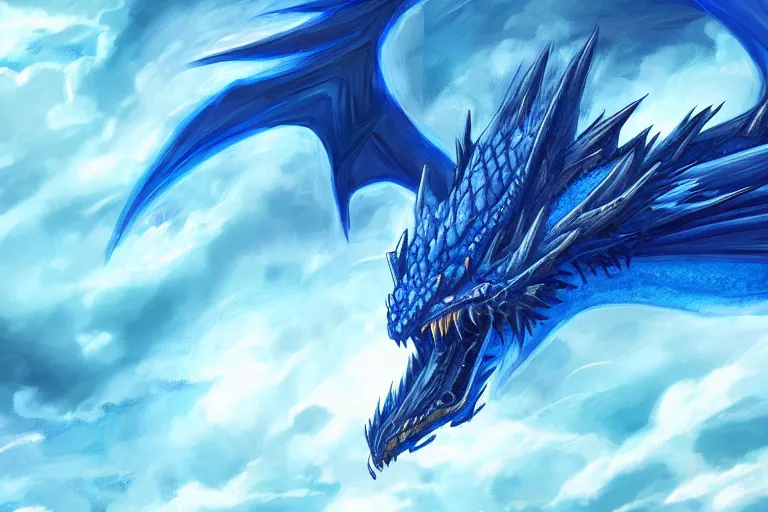 Prompt: majestic blue dragon surrounded by clouds and lightning, digital painting, mixed media, trending on artstation and deviantart, epic composition, centered, sharp focus, magnum opus, highly detailed, 8 k