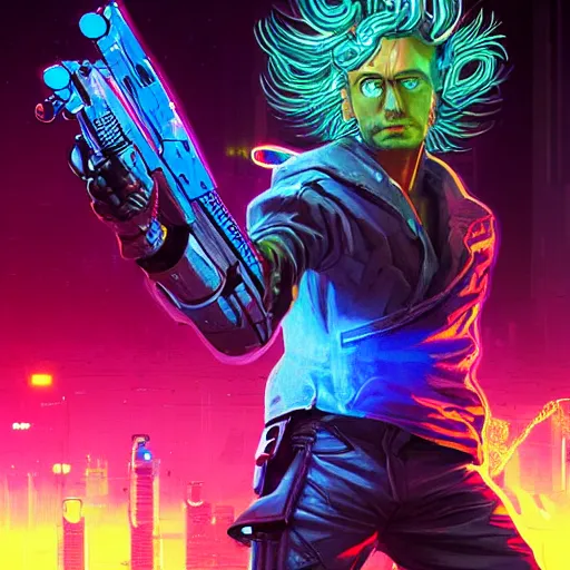 cyberpunk rick sanchez holding an alien assault rifle, | Stable ...