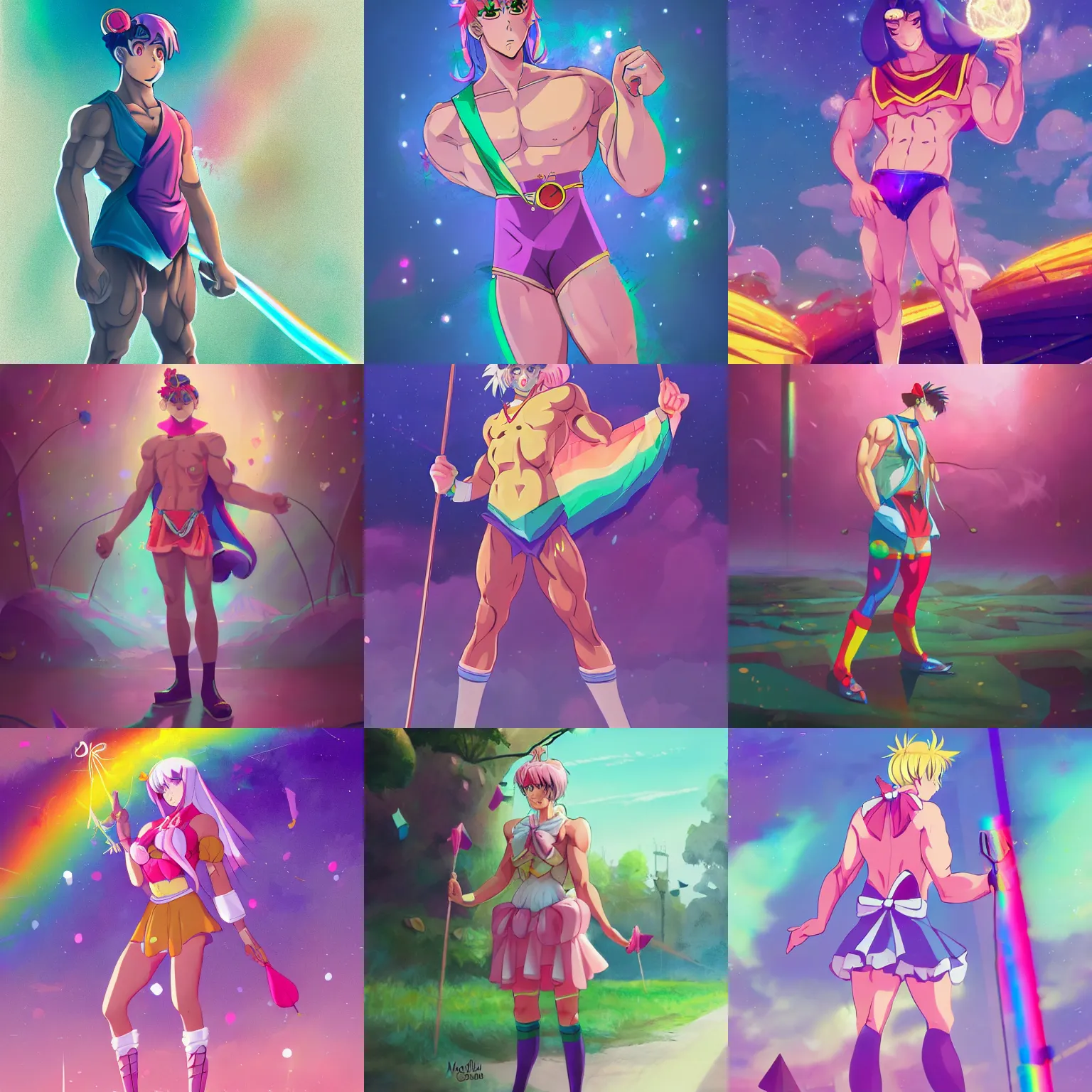 Prompt: crossdressing magical man in anime style, colorful dress, illustration, body hair, muscular, male, body builder, digital painting, artstation, simon stalenhag, epic, stunning, rainbows, sailor moon, hdr, highly detailed