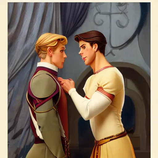 Image similar to attractive fully clothed king confesses his love for his attractive fully clothed male prince. highly detailed painting by glen keane and j. c. leyendecker 8 k