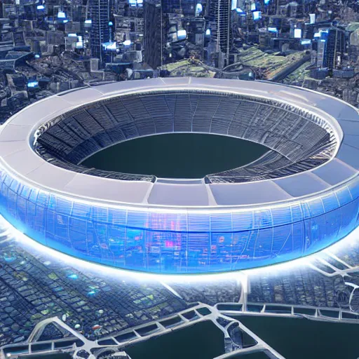 Image similar to a futuristic stadium floating in the middle of a city, hex shaped, hexadome, blue energy field hexagonal dome, unreal engine, epic lighting, crowd cheering, cell shading style