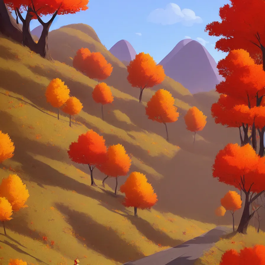 Image similar to goro fujita ilustration distant view of a mountain which is surrounded by a road up the slope. by the roadside are tall autumn trees, painting by goro fujita, sharp focus, highly detailed, artstation