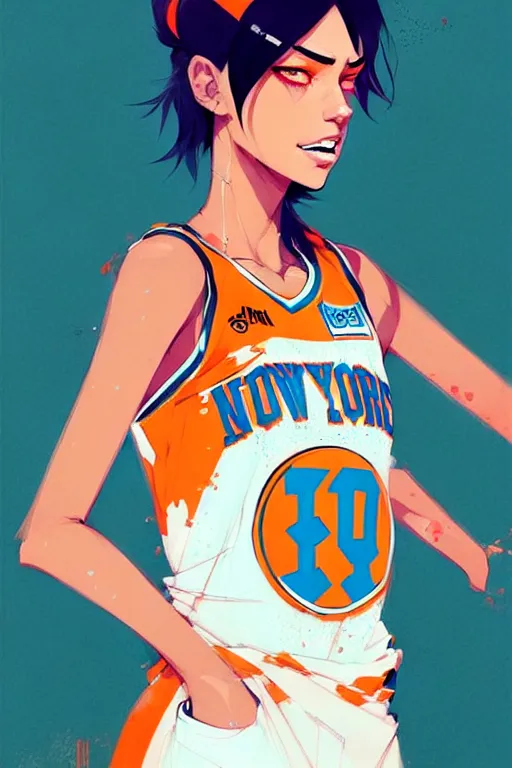 Image similar to a ultradetailed beautiful panting of a stylish girl in a knicks jersey, by conrad roset, greg rutkowski and makoto shinkai, trending on artstation