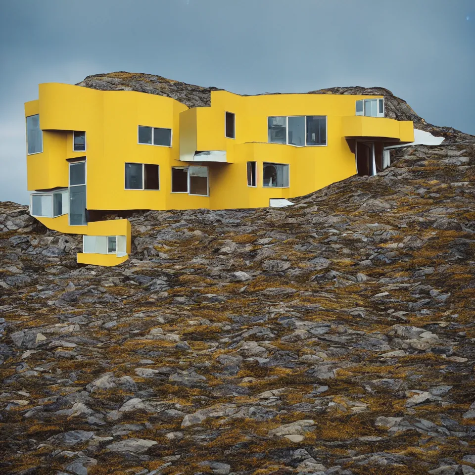 Image similar to a mid-century modern house on top of a cliff in the arctic, designed by Frank Gehry. Big tiles. Small pathway . Film grain, cinematic, yellow hue