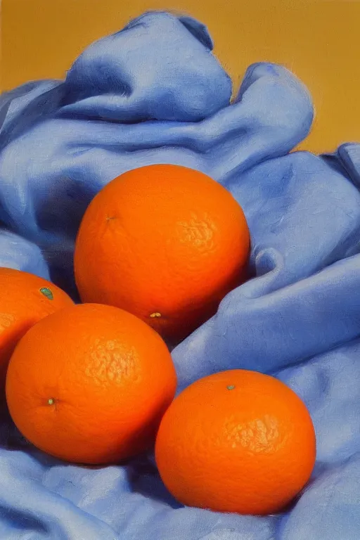 Image similar to A beautiful still life oil painting of Oranges lying on a blue silk cloth, volumetric lighting, summer, hyperrealistic, colorful, hyperdetailed.