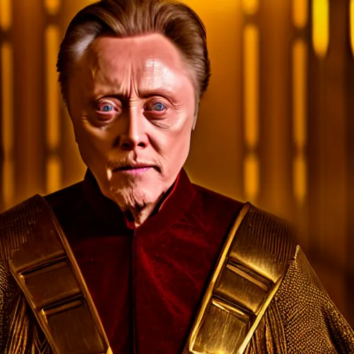 Prompt: christopher walken as emperor shaddam iv in dune in the throne room | clear directed gaze, xf iq 4 and f / 1. 4 and iso 2 0 0 and 8 k and raw and unedited and symmetrical balance and in frame