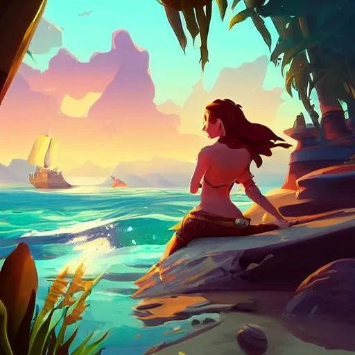 Image similar to painting mermaid treasure on sea of thieves game avatar hero smooth face median photoshop filter cutout vector, behance hd by jesper ejsing, by rhads, makoto shinkai and lois van baarle, ilya kuvshinov, rossdraws global illumination