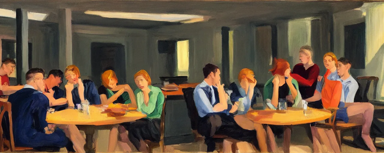 Prompt: a group of gen z friends sitting around talking about climate change while drinking old fashions, in the style of an edward hopper painting