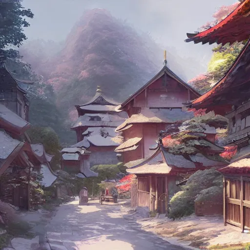 Prompt: concept art painting of a cozy village in a mountainous forested valley, historic english and japanese architecture, realistic, detailed, cel shaded, in the style of makoto shinkai and greg rutkowski and james gurney