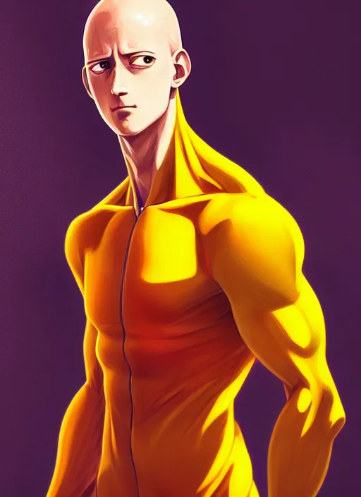 Image similar to handsome saitama, half body shot, path traced, red and yellow, highly detailed, high quality, digital painting, alena aenami, lilia alvarado, shinji aramaki, karol bak, alphonse mucha, tom bagshaw