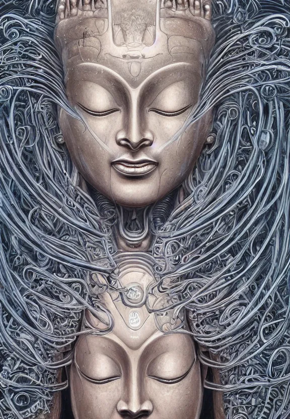 Image similar to perfectly centered portrait, front view of a beautiful biomechanical alien android robot buddha, female, flowing hair, intense stare, sarcastic smile, symmetrical, concept art, intricate detail, volumetric shadows and lighting, realistic oil painting by alex grey and gustave dore,