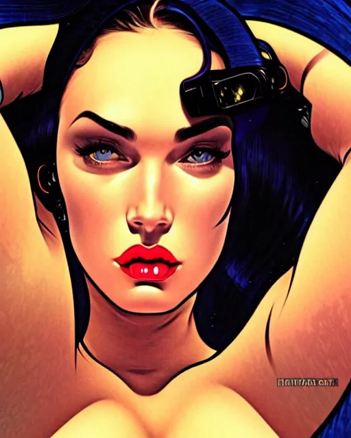 Image similar to low angle closeup very seductive megan fox retro scifi goddess pinup, vr goggles, action glamour pose, windblown dark hair, hyper detailed, digital art, studio lighting, smooth, ambient lighting, sharp focus, frank miller, wlop, anna dittmann, moebius!, alphonse mucha, patrick nagle!!!, rim lighting, synthwave