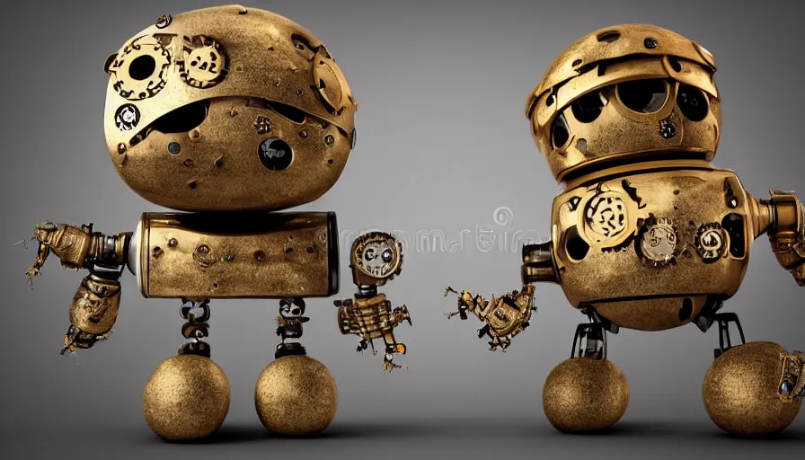 Image similar to two cute steampunk robots with souls and with dragon scales and large eyes smiling and waving, isolated on white background, 3D occlusion