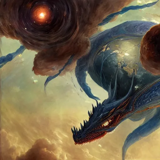 Prompt: Blue scaled dragon devouring an earth like planet while flying in space, sun system, nebula, oil painting, by Fernanda Suarez and Edgar Maxence and Greg Rutkowski