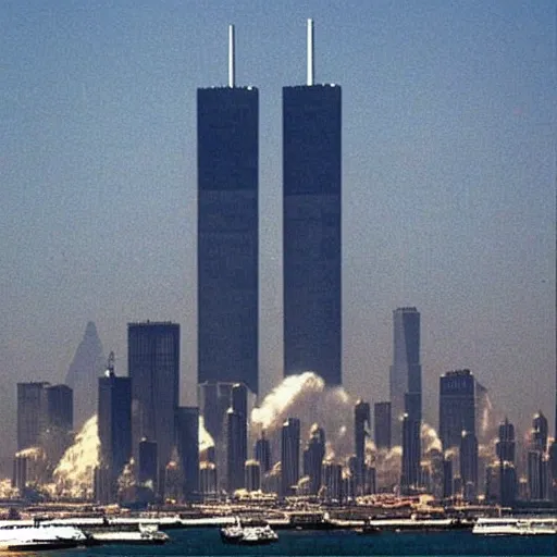 Prompt: “The TwinTowers transform into mechs and pulverise Bin Laden’s planes September 11 2001 hq ap photos”