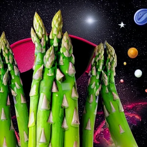 Prompt: image of an asparagus in a flowerpot driving a red tractor in outer space.