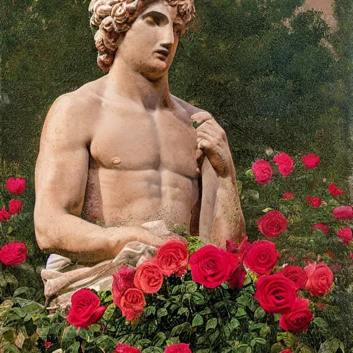 Image similar to portrait of a greek statue buried among the roses in roses, by julia pott