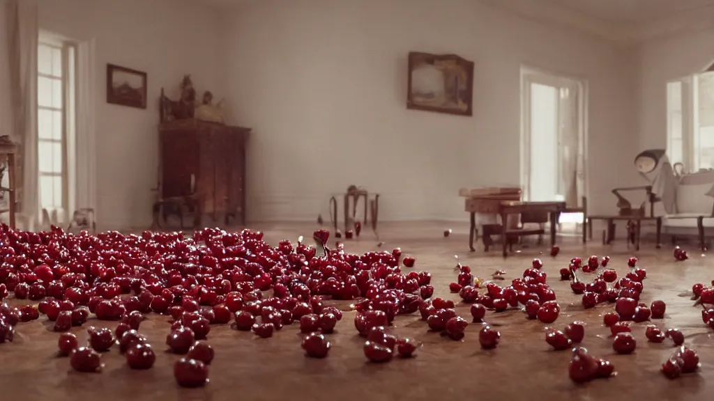 Image similar to Cherries exploding into smaller cherries in a living room, film still from the movie directed by Denis Villeneuve with art direction by Salvador Dalí, wide lens