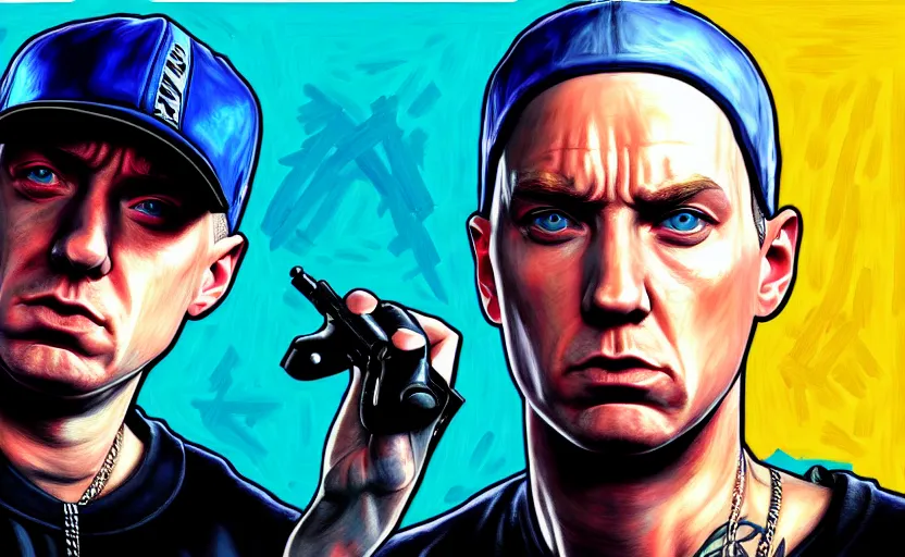 Image similar to eminem in gta v covert art painted by stephen bliss, centered, uncropped, full body, symmetrical face, crispy, trending on artstation, deviantart