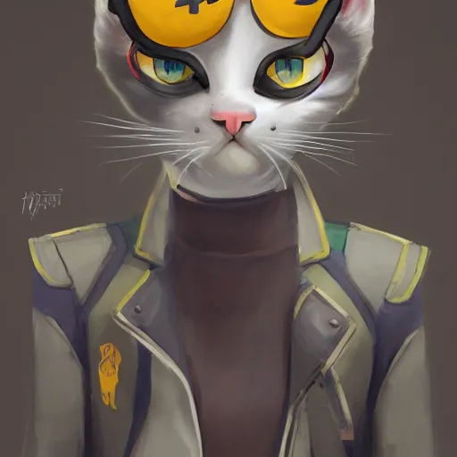 Prompt: painting an anthropomorphic gray cat wearing a jacket and a collar, as an Overwatch asymmetrical, Organic Painting, sunny day, Matte Painting, bold shapes, hard edges, street art, trending on artstation, by Huang Guangjian and Gil Elvgren and Sachin Teng