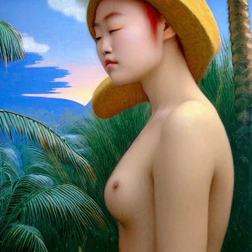 Image similar to a ultradetailed beautiful painting of a german japanese girl in amazonas by hsiao ron cheng, ngai victo, nivanh chanthara jean delville wlop and dougherty patrick, trending on artstation, mediterranean, palm trees, light sparkles, major arcana sky, sharp focus, soft light