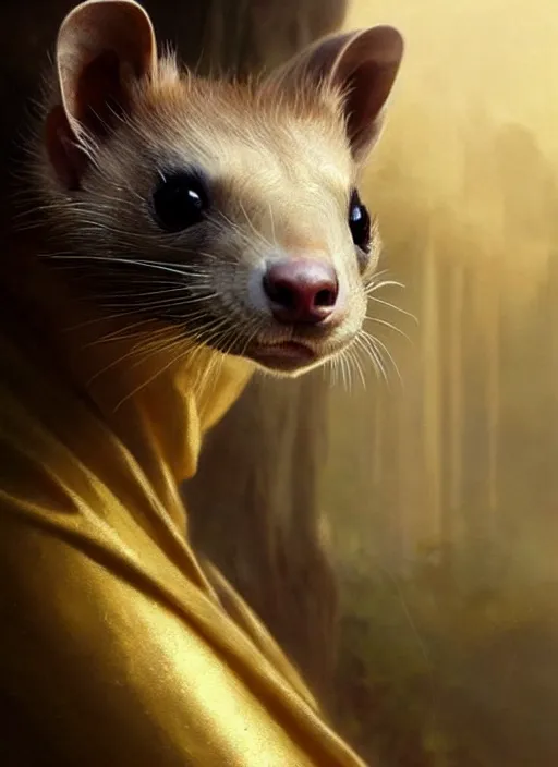 Image similar to a beautiful closeup shot from a fantasy film of a humanoid spotted ferret with golden eyes wearing a loose tunic. an anthropomorphic ferret with gold eyes. joseph ducreux, greg rutkowski.