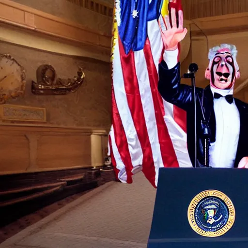 Image similar to crazy puppeteer using marionette of a president in a podium