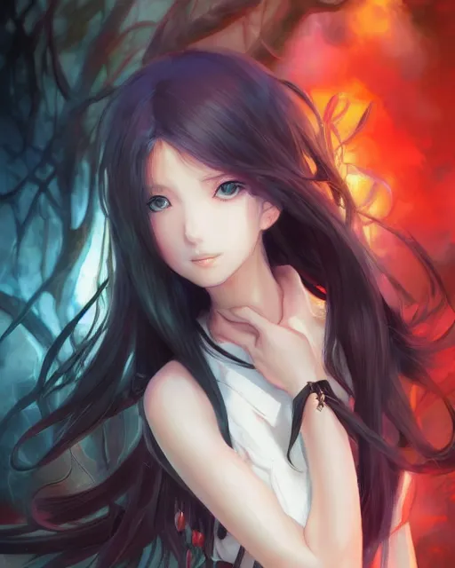 Prompt: An anime portrait of a beautiful girl with long black hair, by Stanley Artgerm Lau, WLOP, Rossdraws, James Jean, Andrei Riabovitchev, Marc Simonetti, and Sakimichan, tranding on artstation