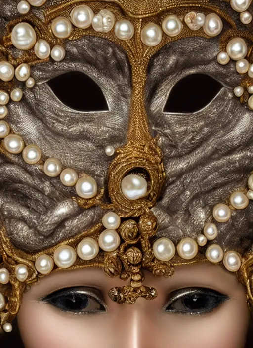 Image similar to hyperrealism, detailed textures, award winning autochrome photo, symetrical alien pearl medusa queen autochrome pearl portrait, pearl silverplate, intricate, detailed facial pearl animal mask, pearl, golden jewelery, silverplate, ultra realistic, cinematic, intricate, cinematic light by steve mccurry, unreal engine 8 k