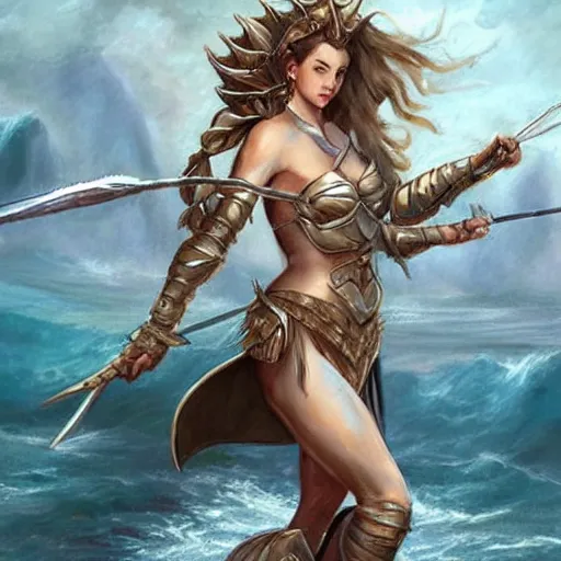 Prompt: fantasy woman with armor emerging from the sea holding a staff made with mother-of-pearl, by Artgerm