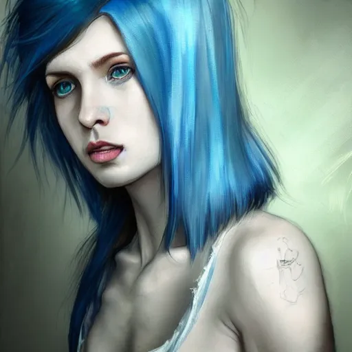 Image similar to epic portrait an punk woman with blue hair and a white tank top, beauty, pretty face, glossy skin, digital painting, artstation, concept art, soft light, hdri, smooth, sharp focus, illustration, fantasy, intricate, elegant, highly detailed, D&D, matte painting, in the style of Greg Rutkowski and Alphonse Mucha and artemisia, 8k, highly detailed, jurgens, rutkowski, bouguereau, pastoral, rustic, georgic, detailed concept art, illustration, colorful pastel, painting, detail, ultra detailed, digital art, 4K,