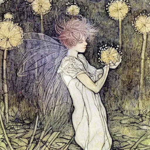 Image similar to a beautiful fairytale painting of a dandelion seed that is also a fluffy fairy. the dandelion seed is the body of the fairy. beautiful clear painting by arthur rackham